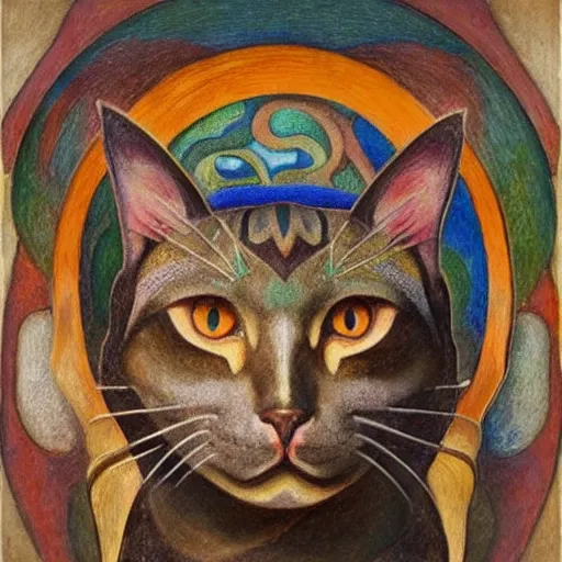 Image similar to cloisonne cat head sculpture, by annie swynnerton and diego rivera and nicholas roerich and jean delville, symbolist, dramatic lighting, god rays, art brut, rich colors, smooth, sharp focus, extremely detailed, adolf wolfli, by janet fish and ( donato giancola and bilibin )