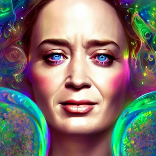 Image similar to a cute emily blunt inside an ornate bottle of iridescent liquid, alchemy, intricate, bloom, detailed, volumetric lighting, sharp focus, photorealism, digital painting, highly detailed, concept art, by by artgerm and wlop