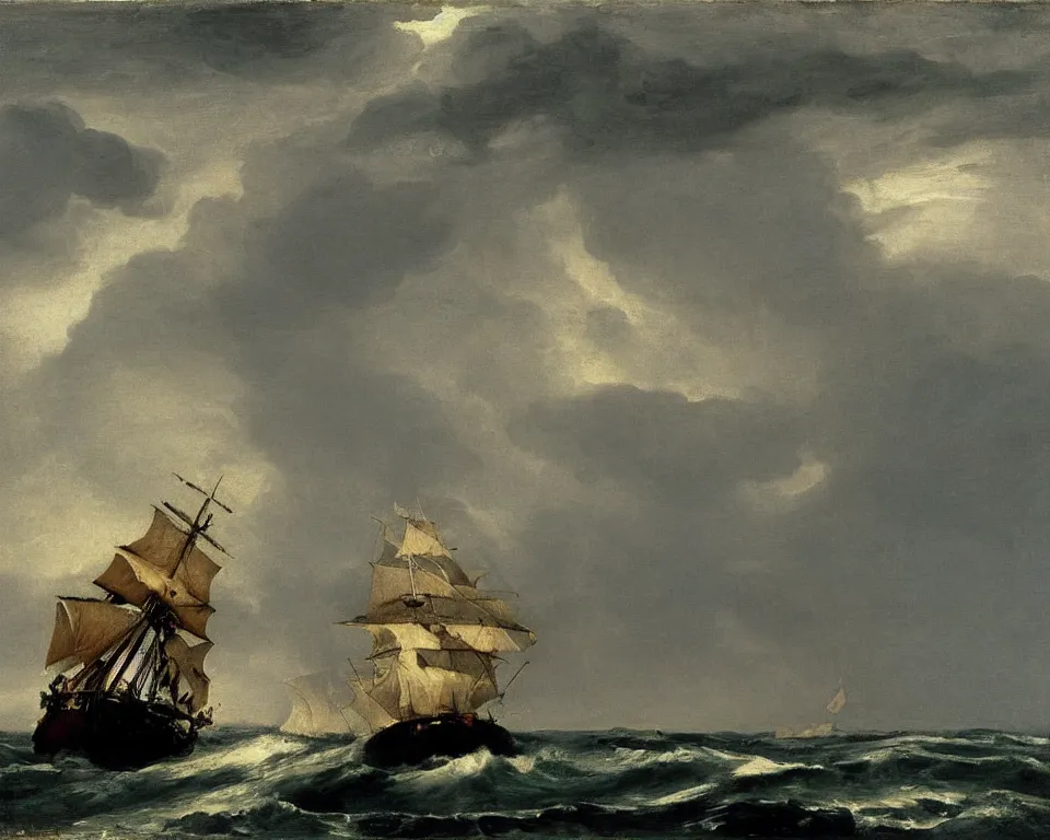 Prompt: marine painting of a Spanish galleon on a stormy sea, at dusk, by Goya and Hopper.