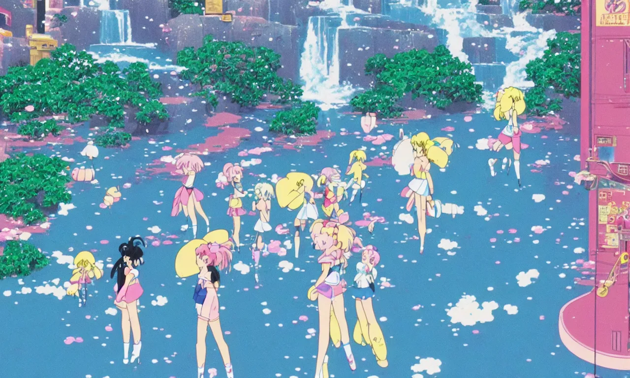 Prompt: A cute aesthetic still frame from an 80's Sailor Moon anime, minimal street in Japan with a waterfall