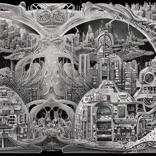 Prompt: future cityscape with muted colors by Joe Fenton and Ernst Haeckel