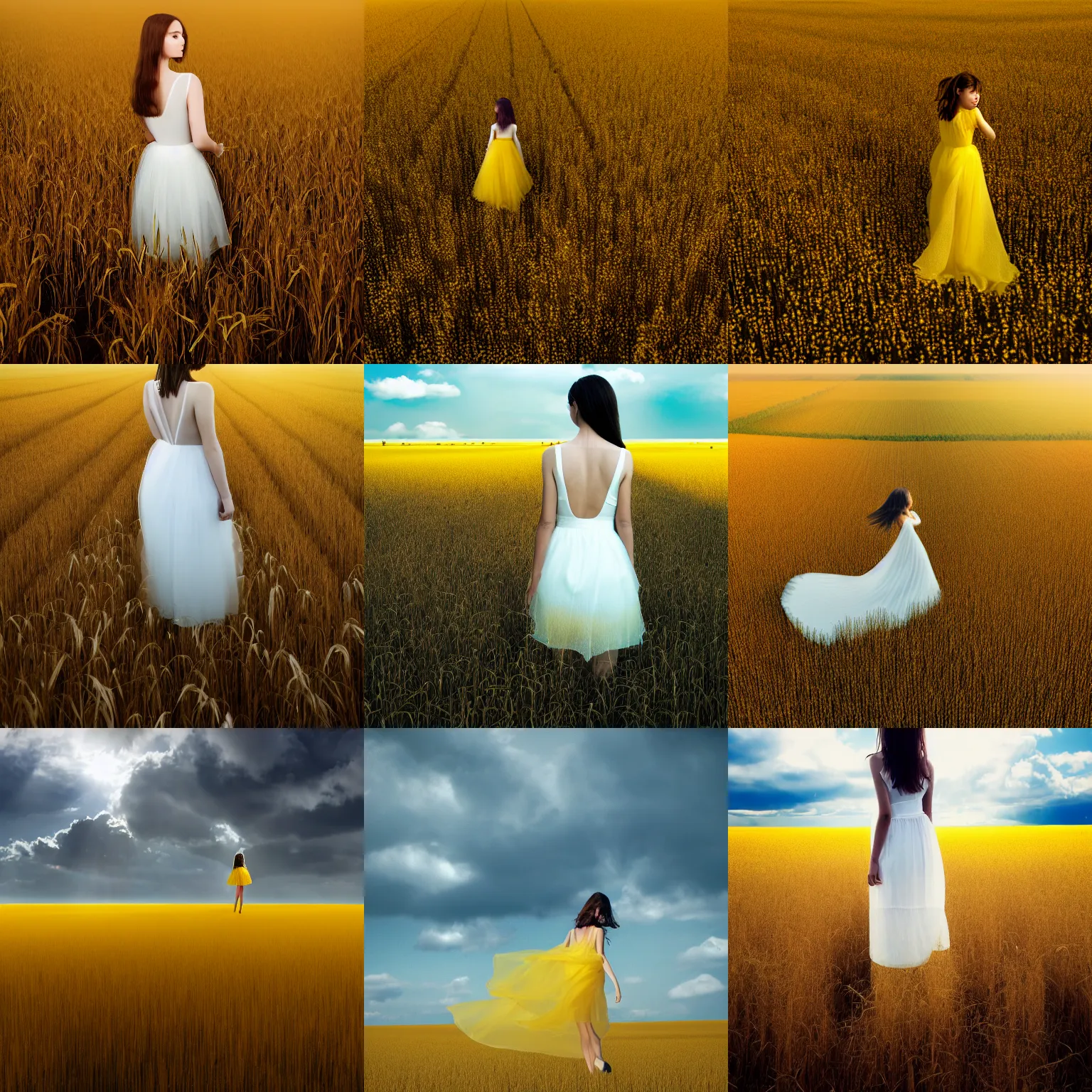 Prompt: aerial shot, a beautiful photo of a petite brunette girl in a very wide transparent thin silk organza white dress standing on a bright yellow rye field, a lot of clouds, photo from the back, 135mm, trending on artstation, hyper detailed, hyper realistic, chrome accents, mild, ethereal, elegant, tender