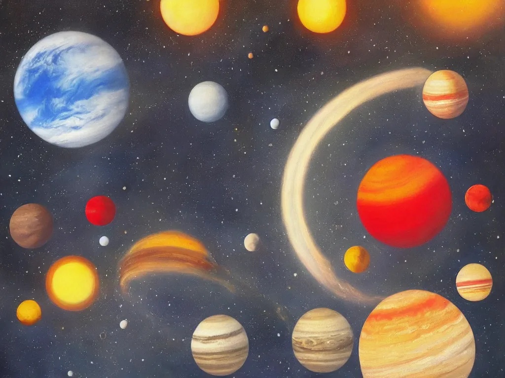 Image similar to A beautiful painting of five planets by Gioele Muscolino and, There are only five planets that are black, white, yellow, red, and blue, behind the galaxy and the universe, Trending on artstation, starry sky