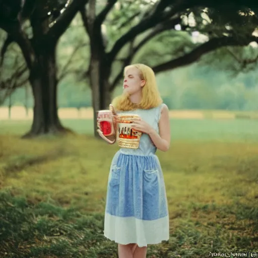 Prompt: a stunning 35mm photo of a lady who looks like she drinks sweet tea drinking sweet tea, southern pastoral scene, hazy air