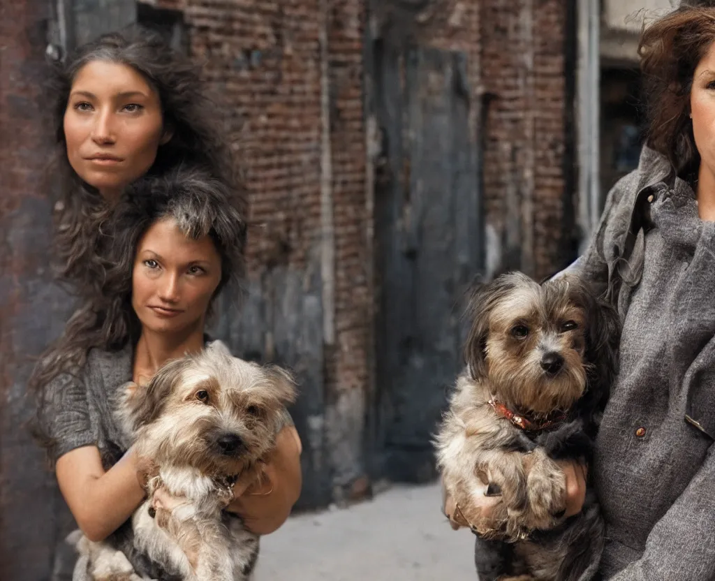 Image similar to closeup portrait of beautiful woman carrying a dog, smoky new york back street, by annie leibovitz and steve mccurry, natural light, detailed face, canon eos c 3 0 0, ƒ 1. 8, 3 5 mm, 8 k, medium - format print