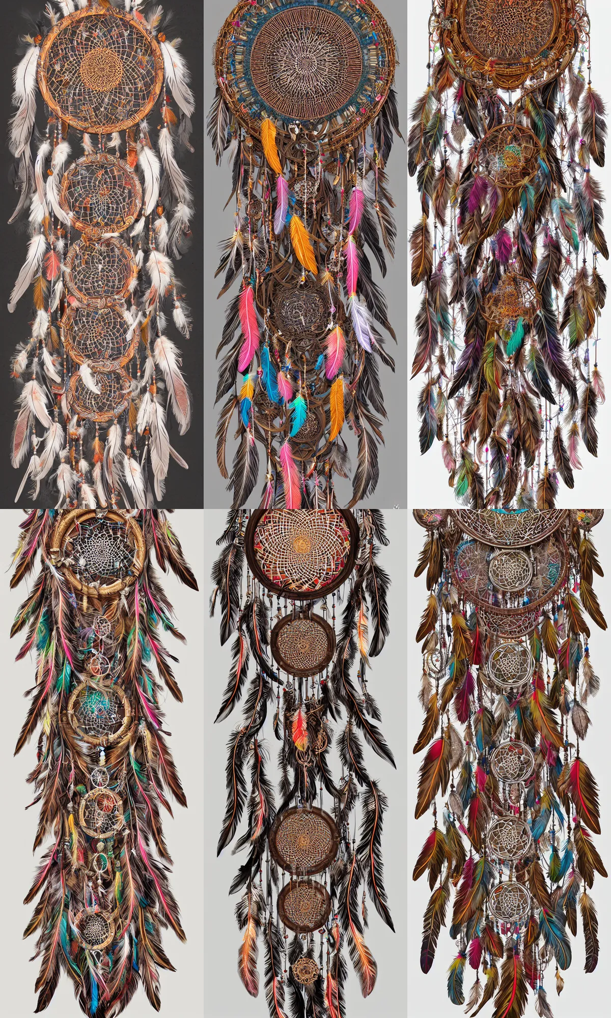 Prompt: an intricate and ornate dreamcatcher with colorful feathers, bones and carved wood patterns isolated on a white background, 4k, ultra realistic, octane render, trending on artstation