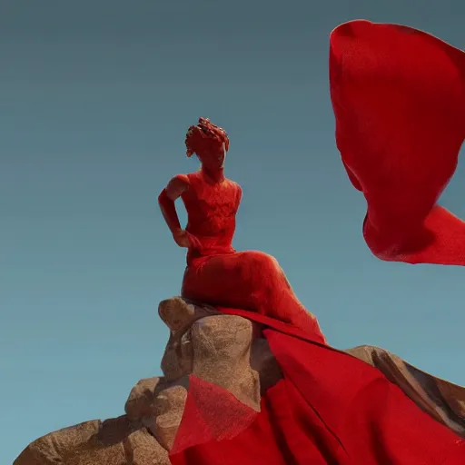 Image similar to a roman statue covered by red cloth that's blowing in the wind, digital art, concept art, cloth simulation with houdini, octane, redshift, 8 k