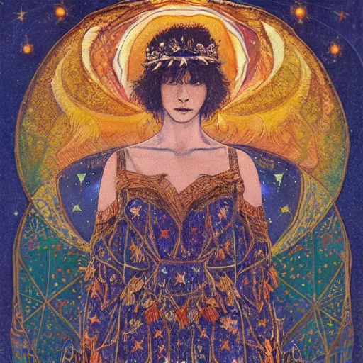 Prompt: the night crown, by Annie Swynnerton and Alayna Danner, embroidered robes, starry tattoos, elaborate costume, geometric ornament, symbolist, soft colors, dramatic lighting, smooth, sharp focus, extremely detailed