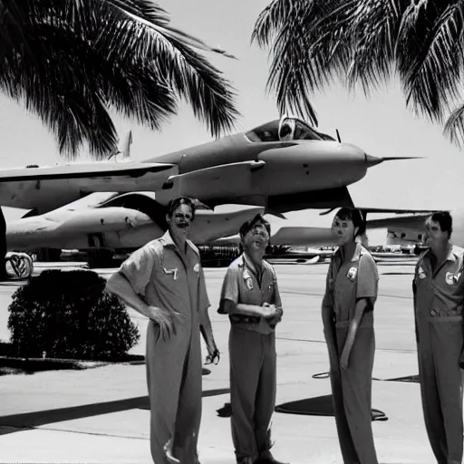 Prompt: 1986 US airforce base, chrome F4 Phantom, US pilots standing around, palm trees