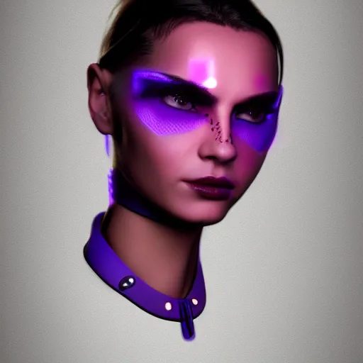 Prompt: headshot artwork of a cyberpunk woman wearing thick steel choker around neck, 4K, detailed face, collar on neck, realistic, artstation, neon purple,