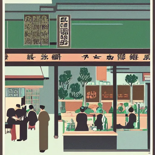 Prompt: taiwanese cafe with cannabis pot plants 🪴 utopia frontage poster by will barnet