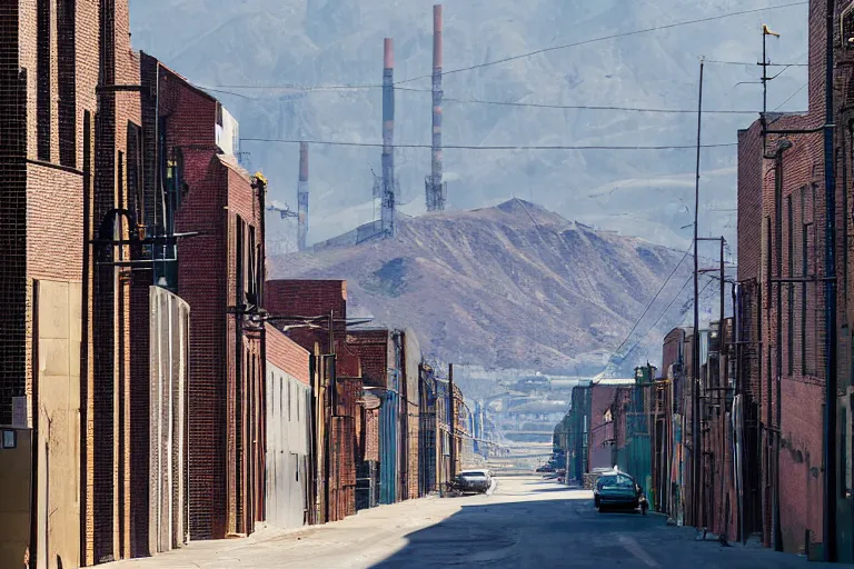 Image similar to looking down street, warehouses lining the street. hill background with radio tower on top. telephoto lens compression.