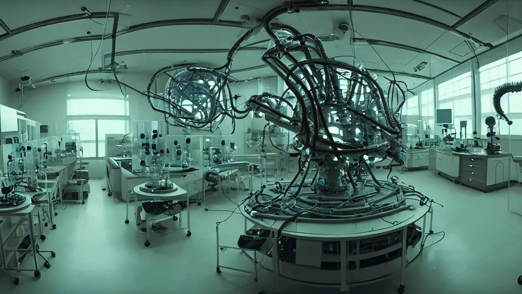 Image similar to a huge octoidal mri machine and control panels in the laboratory inspection room, film still from the movie directed by denis villeneuve with art direction by salvador dali, wide lens