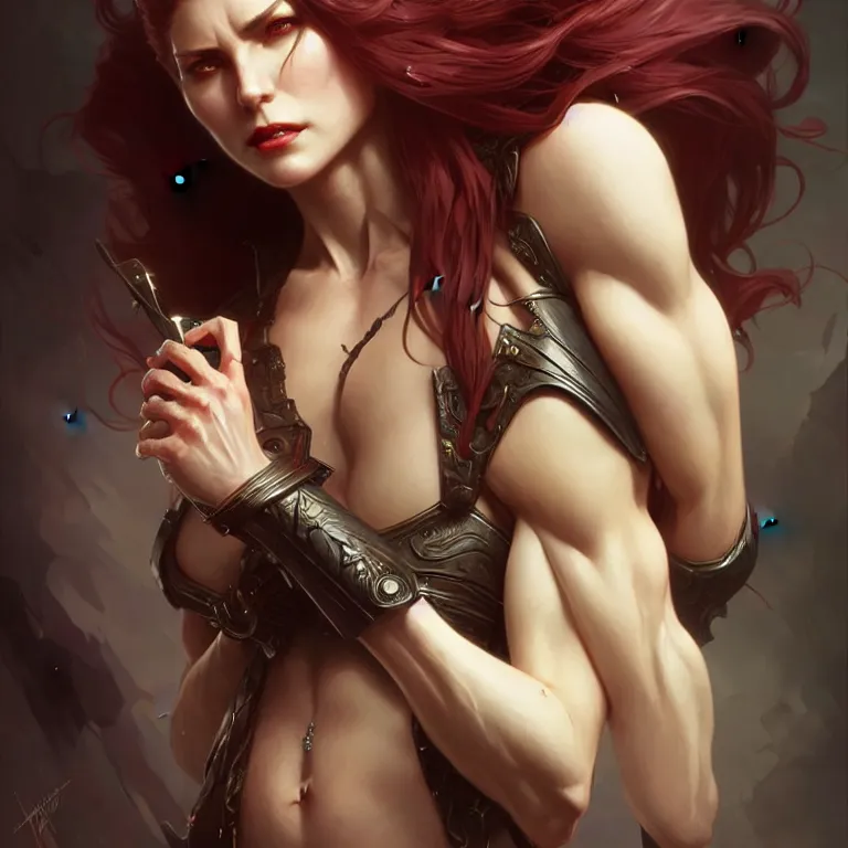 Image similar to female vampire, muscular upper body, D&D, fantasy, intricate, elegant, highly detailed, digital painting, artstation, concept art, smooth, sharp focus, illustration, art by artgerm and greg rutkowski and alphonse mucha