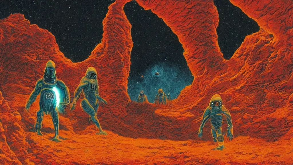 Image similar to a dark space alien is encountered during a space walk on planet Enduria b, Technicolor, complementary colors, in the style of Wayne Barlowe