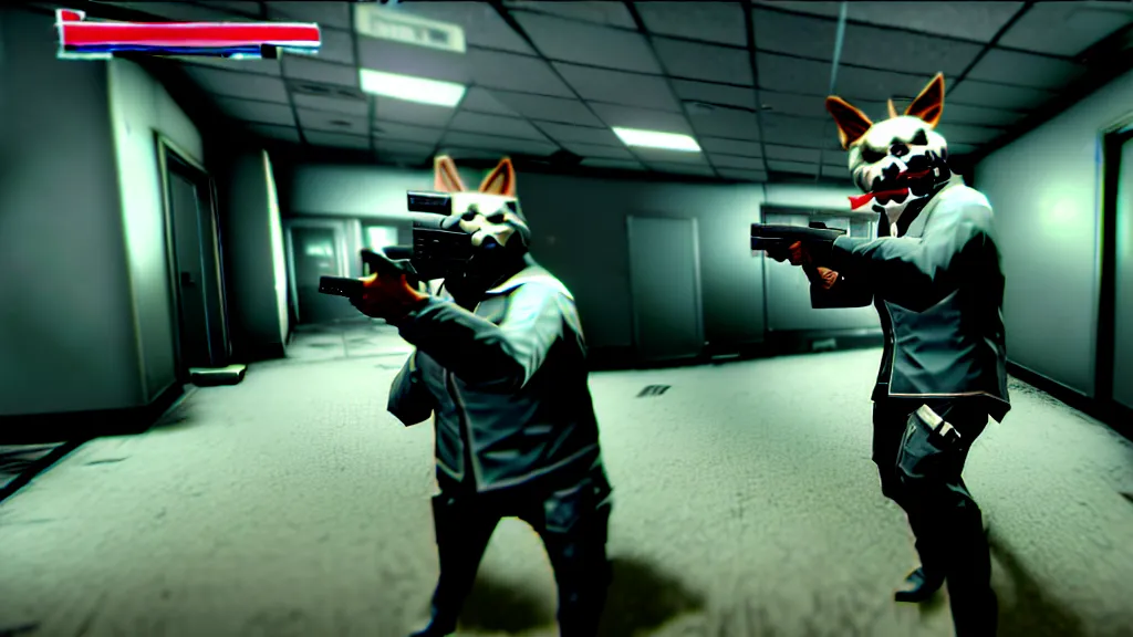 Image similar to Screenshot from the PC game Payday 2 demonstrating the fursuit unlock