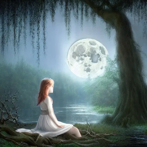 Image similar to highly realistic scenic painting of a towering misty dark fantasy forest surrounding a pond, a girl in a white dress sits on the roots of an ancient tree looking up at the moon, spooky fog, fantasy painting hd