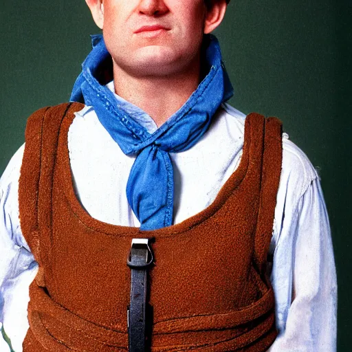 Image similar to close up headshot of a frowning clean shaven pudgy British lad with short curly dark brown hair as a hobbit wearing a white men's crossbody sling chest bag and blue vest, blue vest!! white crossbody chestbag!! high resolution film still, by Bruce Weber