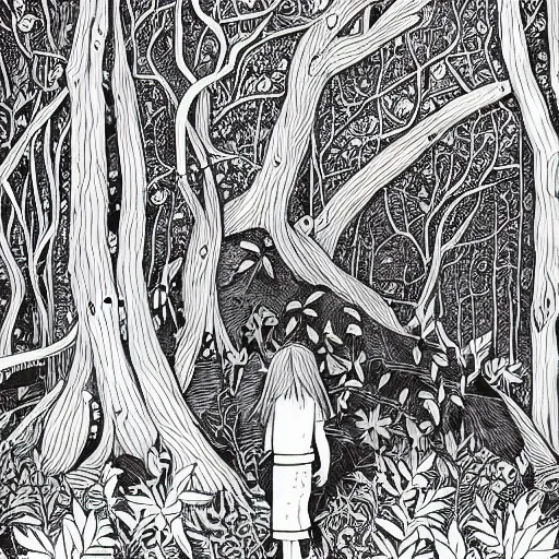 Image similar to a ultra detailed line art illustration of a red + haired + girl wandering alone in a mysterious forest, by thomke meyer and julia plath, intricate, fantasy, hyperdetailed