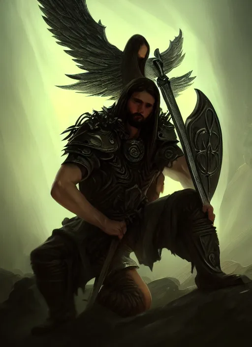 Image similar to fantasy art, fallen man angel kneeling on the knees with a sword and shield, close-up, bokeh. dark art masterpiece artstation. 8k, sharp high quality illustration in style of Jose Daniel Cabrera Pena and Leonid Kozienko, Tooth Wu, studio lighting. angel with big wings