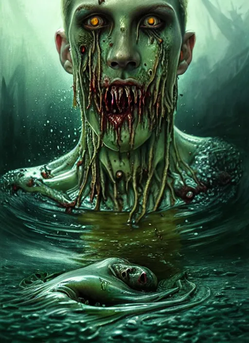 Image similar to a slimy drowned zombie man monster in shallow water, diffuse lighting, fantasy, intricate, elegant, highly detailed, lifelike, photorealistic, digital painting, artstation, illustration, concept art, smooth, sharp focus, art by john collier and albert aublet and krenz cushart and artem demura and alphonse mucha