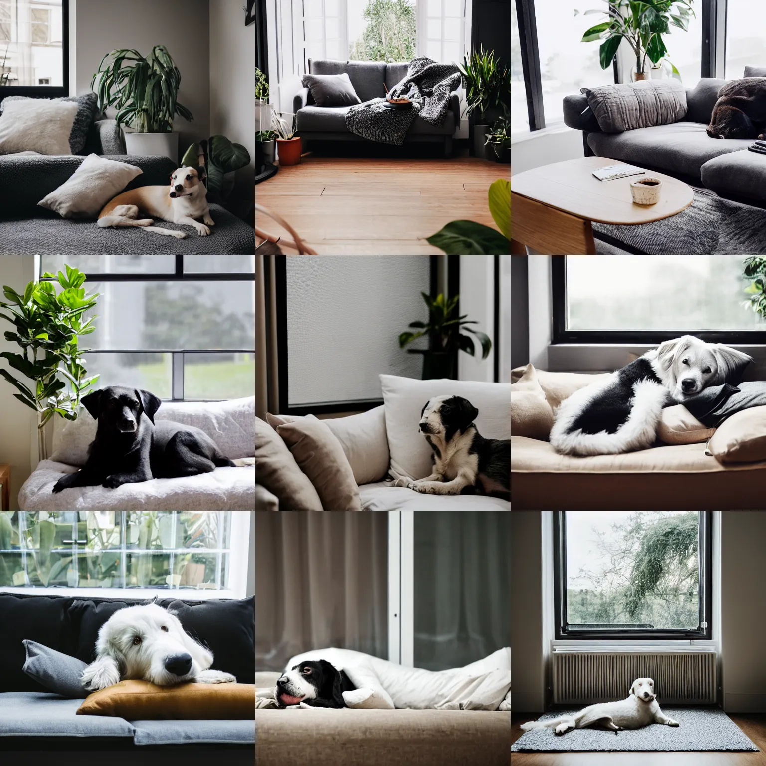 Prompt: a small white - faced black dog, lying down on a grey sofa, light beige pillows, house plants and light wood furniture in the background, next to a window, modern house, indoors, dim light, photograph, 4 k, shot on iphone, for a catalogue