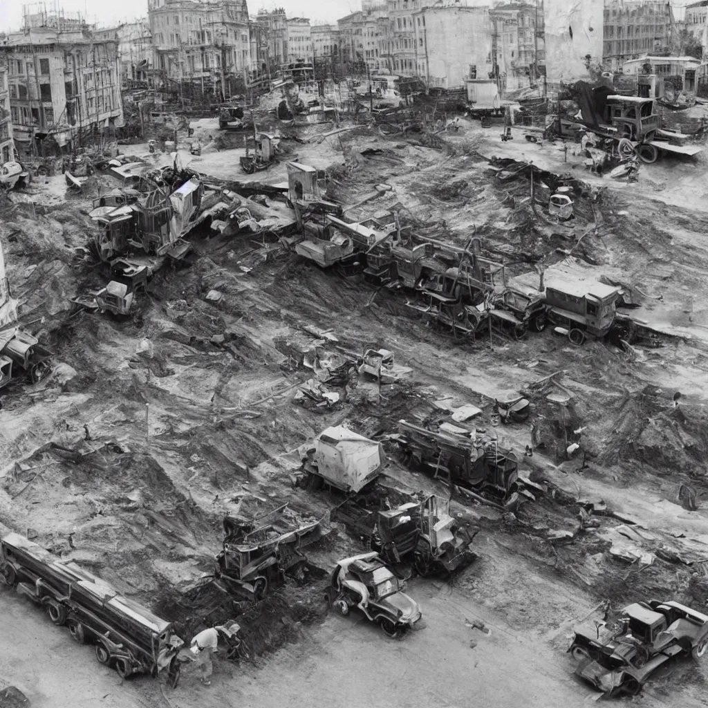 Prompt: truck fell into a ditch of a construction site in the square of a rationalist city in 1930, old photo