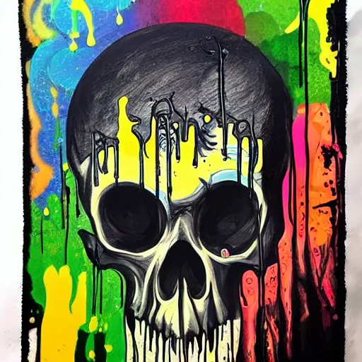 Image similar to drippy, dripping paint, skull, trippy, Miyazaki style, exaggerated accents