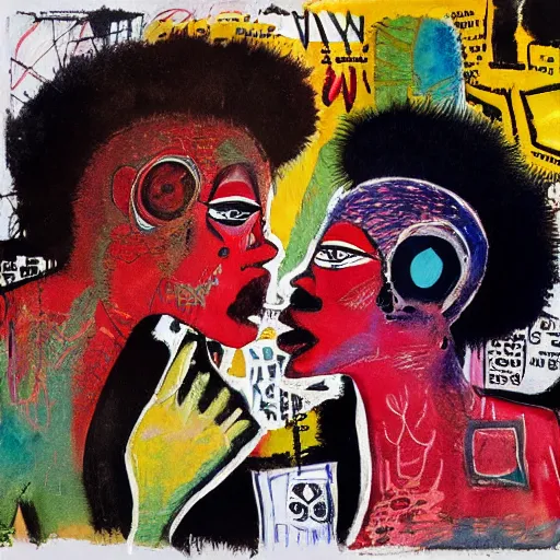 Prompt: watercolor painting of two bizarre psychedelic punk women kissing each other closeup in a bar in japan, speculative evolution, mixed media collage by basquiat and jackson pollock, maximalist magazine collage art, sapphic art, lesbian art, chemically damaged