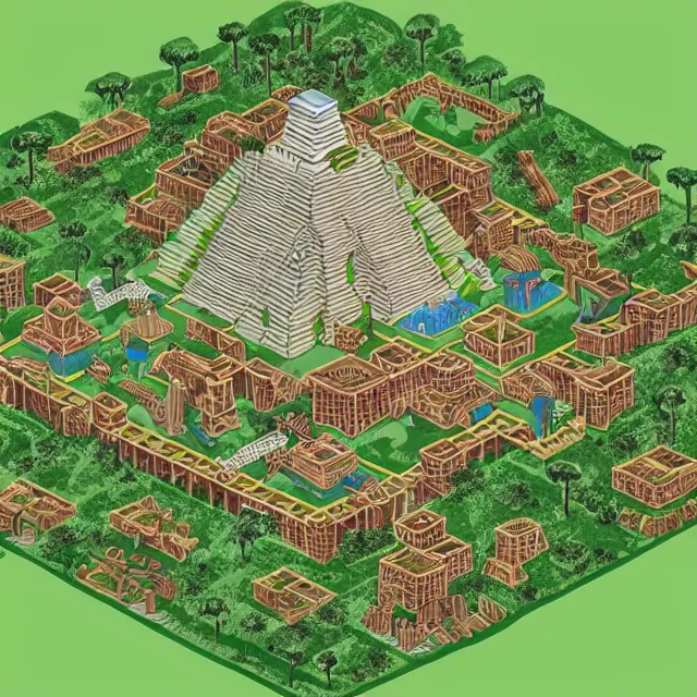 Image similar to an isometric game map of Tikal, Lost World Pyramid, Tikal Temple IV, Maya Temples