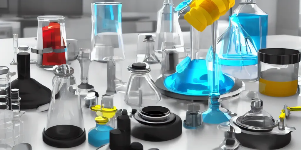 Image similar to instruments being used to mix chemicals, scientist, blender, 3d, apartment