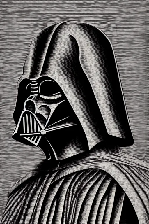 Image similar to sideview waist up portrait of darth vader by laurie greasley and rene magritte, etching by gustave dore, intricate, sharp focus, illustration, highly detailed, digital painting, concept art, masterpiece