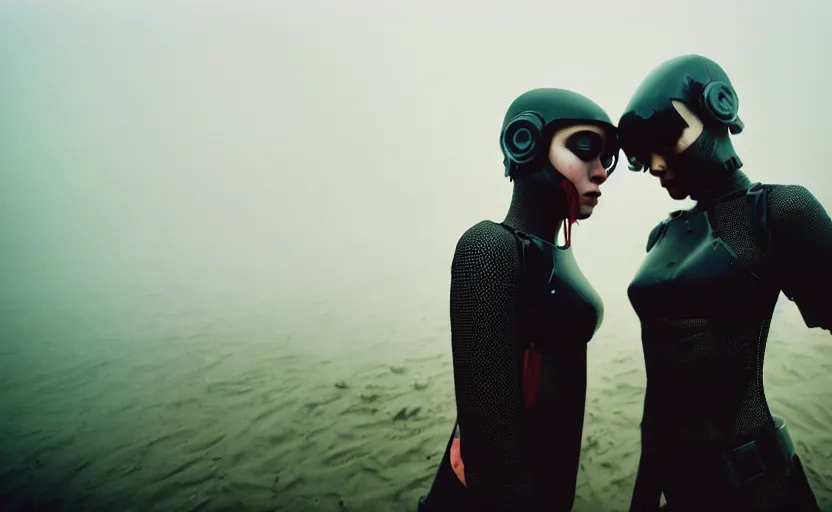 Image similar to cinestill 5 0 d candid photographic portrait by helen levitt of two loving female androids wearing rugged black mesh techwear in treacherous waters, extreme closeup, modern cyberpunk moody emotional cinematic, dust storm, 8 k, hd, high resolution, 3 5 mm, f / 3 2, ultra realistic faces, ex machina