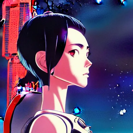 Image similar to side portrait scifi cyborg girl with robotic parts and spacesuit | | head only in center of image, audrey plaza, fine detail!! anime!! realistic shaded lighting!! poster by ilya kuvshinov katsuhiro otomo ghost - in - the - shell, magali villeneuve, artgerm, jeremy lipkin and michael garmash and rob rey