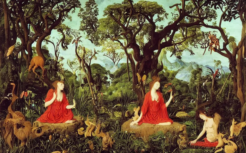 Prompt: a portrait photograph of a meditating harpy and a centaur prince feeding tropical animals at a wide river delta. surrounded by bulbous flowers, animals and trees. mountain range under a vast blue sky of burning stars. painted by jan van eyck, max ernst, ernst haeckel and artgerm, cgsociety, artstation, fashion editorial