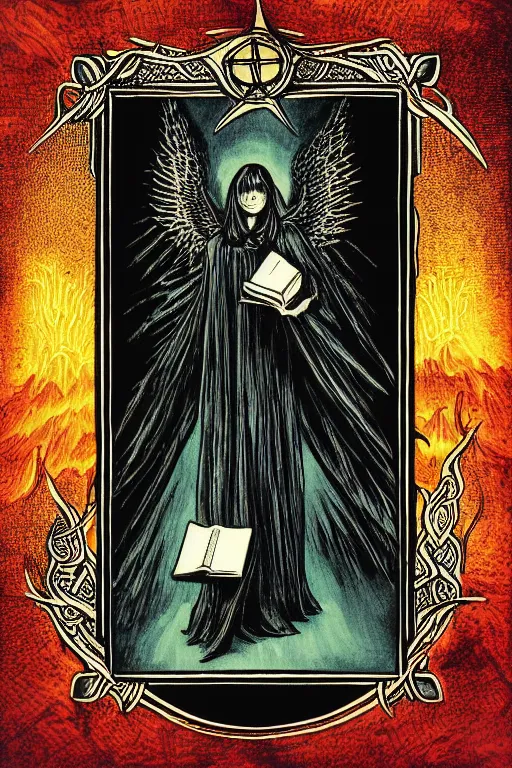 Image similar to dlsr photo of the tarot card illustration of an envoked dark angel holding a book of necronomicon, symmetrical, cinematic, sharp focus, 4 k, ultra hd, sense of awe, sinister demonic atmosphere, dreadful, forbidden knowledge, old gods. demonology journal cover