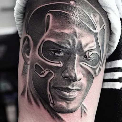 Image similar to flash photo of a tattoo on a man’s arm that looks like Will Smith as the terminator