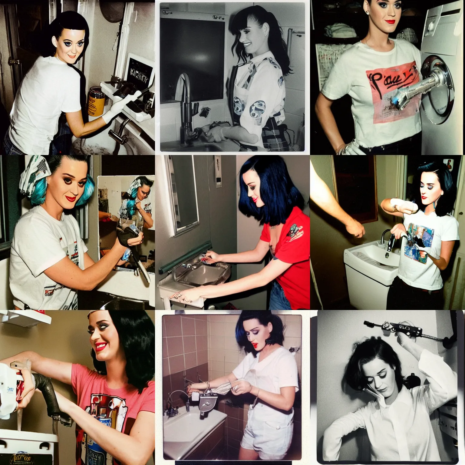 Prompt: katy perry fixing a leaking sink, wearing old shirt, using a wrench, polaroid photo