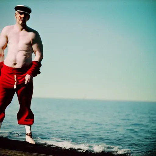 Image similar to 3 5 mm portrait photo of popeye the sailor man, photography, fullbody, dynamic lighting, beautiful face