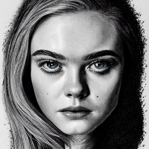 Prompt: Elle Fanning, head and shoulders portrait, extremely detailed masterpiece, in the style of a Russian criminal tattoo on paper,