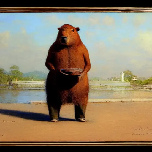 Prompt: portrait of a proud capybara dressed as a gentleman, artwork by gaston bussiere, craig mullins, trending on artstation, capybara wearing a gentleman's uniform