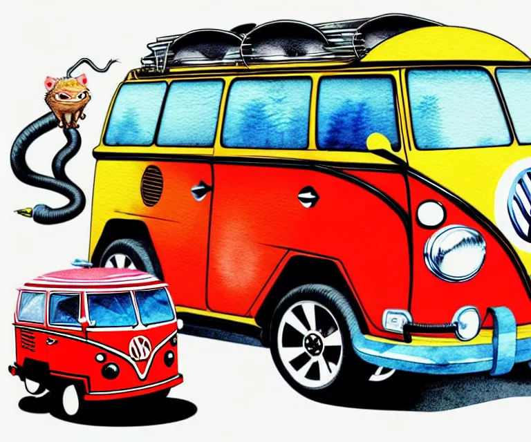 Prompt: cute and funny, binturong driving a tiny hot rod vw camper van with an oversized engine, ratfink style by ed roth, centered award winning watercolor pen illustration, isometric illustration by chihiro iwasaki, edited by craola, tiny details by artgerm and watercolor girl, symmetrically isometrically centered