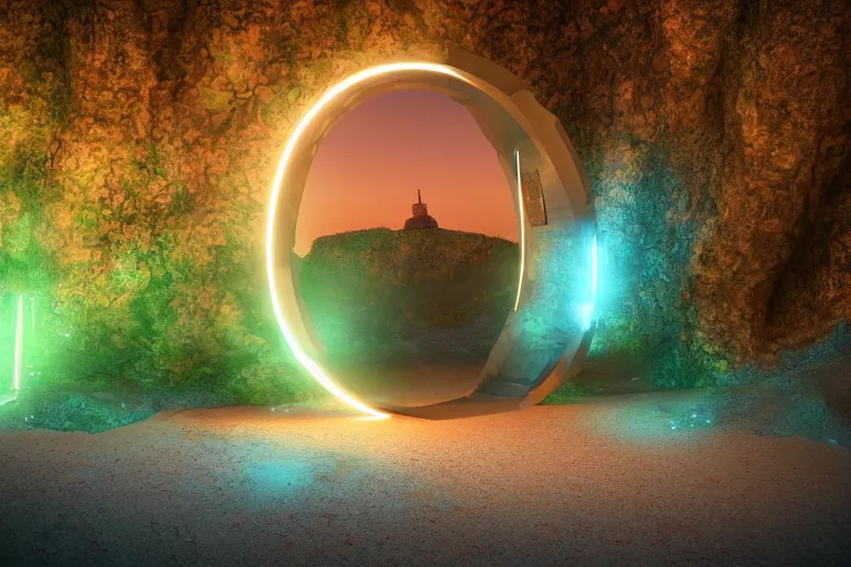 Image similar to a magical glowing portal in the middle of a city that leads to a beach, realistic