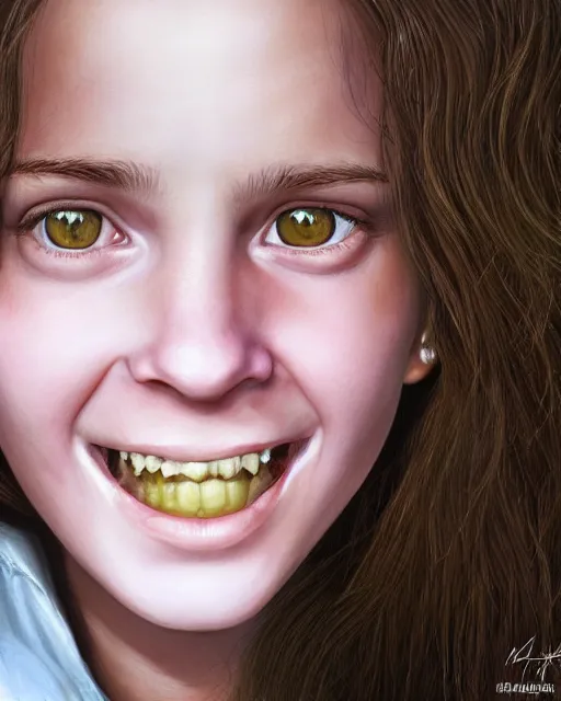 Prompt: close up portrait of 1 5 - year - old girl, smile with large front teeth, hermione granger, very bushy brown hair, and very bright brown eyes, wearing white shirt, hyper realistic face, beautiful eyes, character art, art by mark brooks, hyperdetailed, cryengine, trending on artstation, digital art