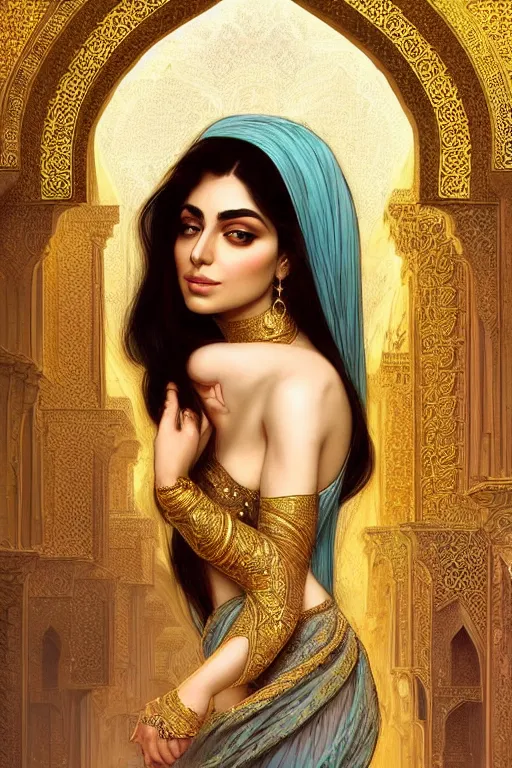 Image similar to Beautiful portrait of an attractive Persian Princess who is an architect, beautiful princess, face painting, architecture, persian style architecture, dramatic lighting, intricate, wild, highly detailed, digital painting, artstation, concept art, smooth, sharp focus, illustration, gold+yellow+white+Turquoise, art by artgerm and greg rutkowski and alphonse mucha, footage from space camera