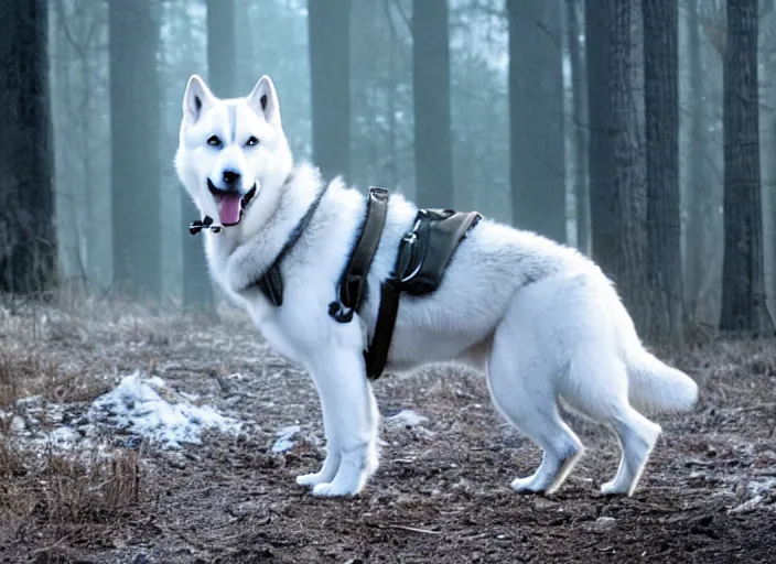 Image similar to film still of an anthropomorphic standing upright man dog white vested husky!!!!!! in a white vest wearing a white vest!!!!! in the new sci - fi movie, 8 k