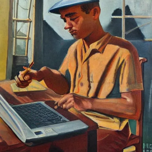 Image similar to 1 9 6 0's detailed intricate social realism painting of worker with laptop, heroic