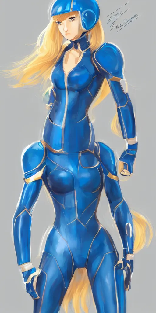 Image similar to Zero Suit Queens Gambit Samus, beautiful soft human features, blonde hair cut in a bob, striking blue eyes, anime cartoon style, Blue armor, artstation, rossdraws