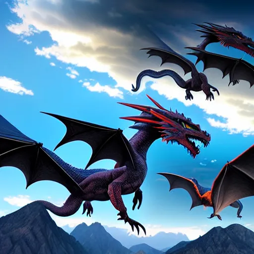 Image similar to a vast landscape of mountains and sky with a group of hyper detailed dragons flying through the sky photorealistic