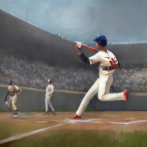 Image similar to baseball player hitting the ball with the baseball bat in the middle of the game and in front of everyone in the stadium, james gurney painting style, greg rutkowski, artstation